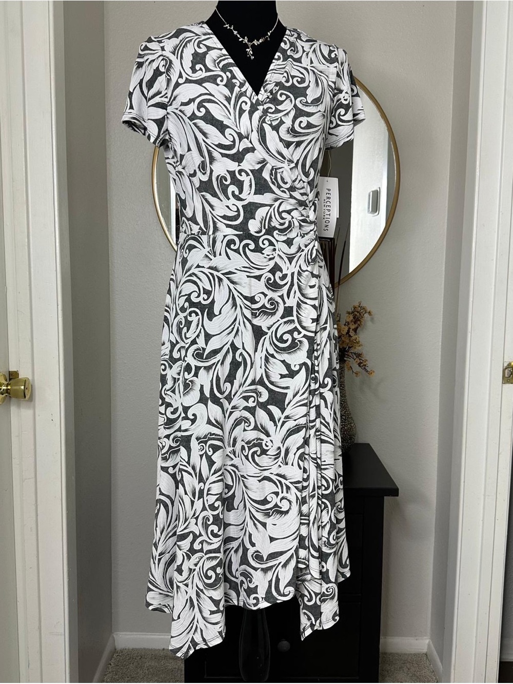 Perceptions Black & White Scroll-Print Wrap Midi Dress